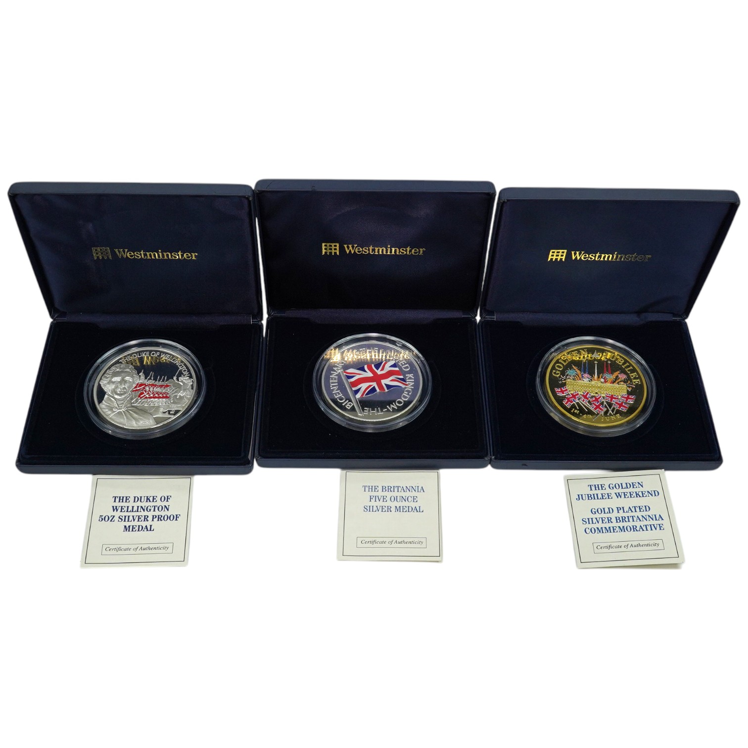 Westminster mint, three 5oz. silver commemorative medals; 2001 bicentenary of the United Kingdom, 2002 the Duke of Wellington and 2002 gold plated silver Golden Jubilee, in cases of issue with certificates